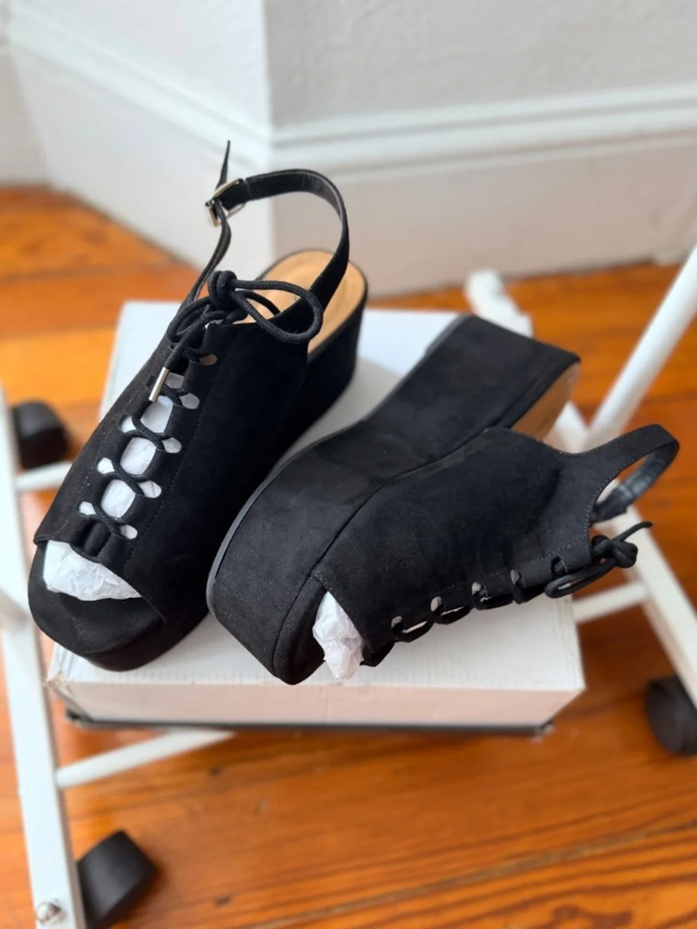 Black Platform Lace-Up Peep-Toe Sandals